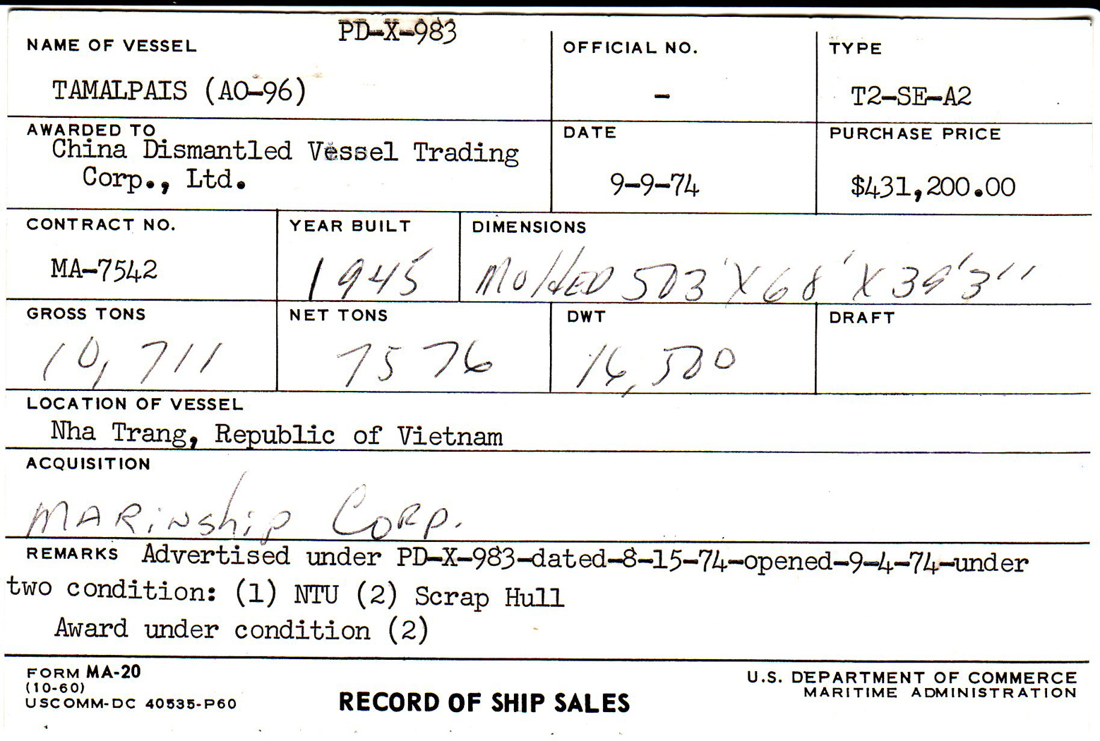Record of sale for Tamalpais